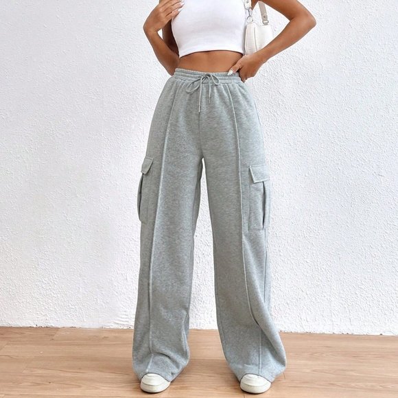 Light Grey Casual Womens Flap Pocket Side Drawstring Waist Sweatpants - Picture 4 of 6